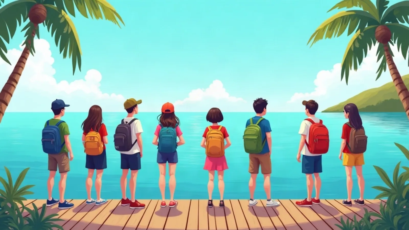 Illustration of a group of visitors waiting on a wooden jetty facing the sea (generic illustration, not a photo of a real location)