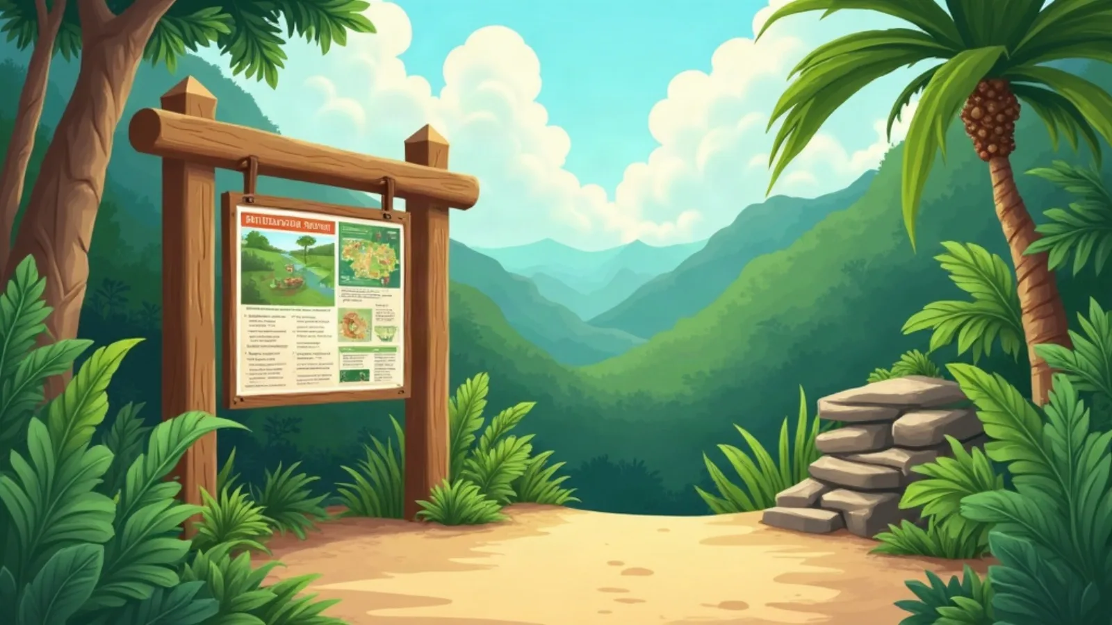 A generic-style national-park information board listing visiting rules (illustration)