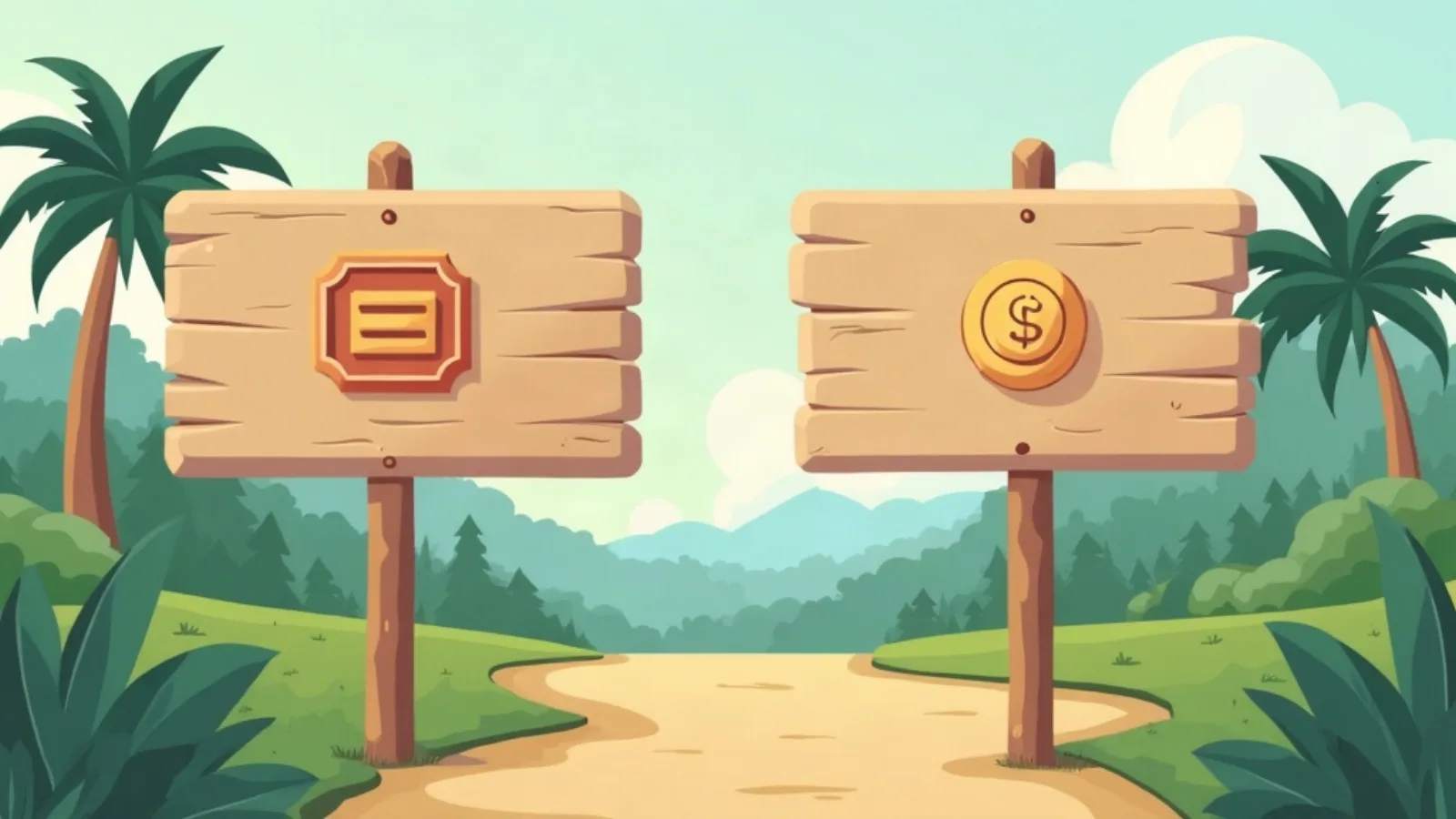Illustration of a wooden signboard showing ticket and coin icons near a tropical tourist trail (generic illustration, not a photo of an official fee board)