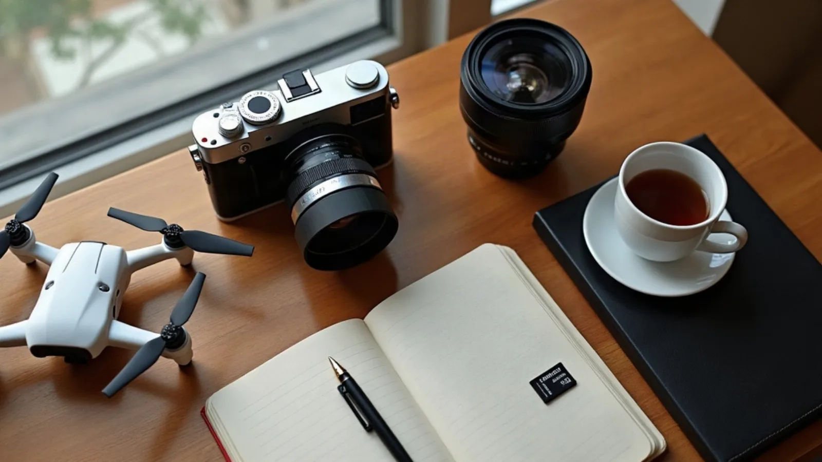 A mirrorless camera, lens, small drone and notebook laid out on a wooden table (AI-generated illustration, not a photograph)