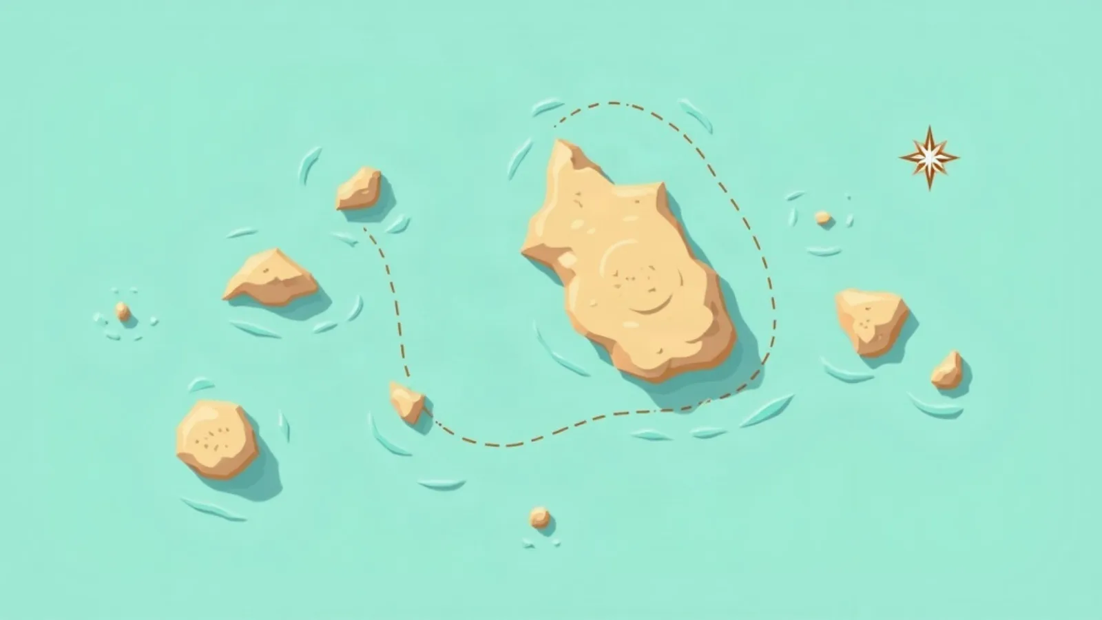 Stylised illustration of a tropical island cluster with dashed route lines (illustration, not an official or accurate map)