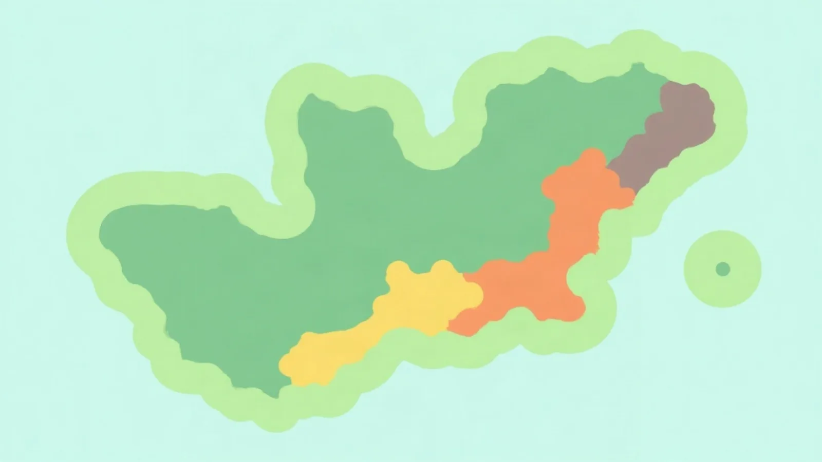 Illustration of colourful zoning shapes on a generic island outline (generic illustration, not an official national-park map)