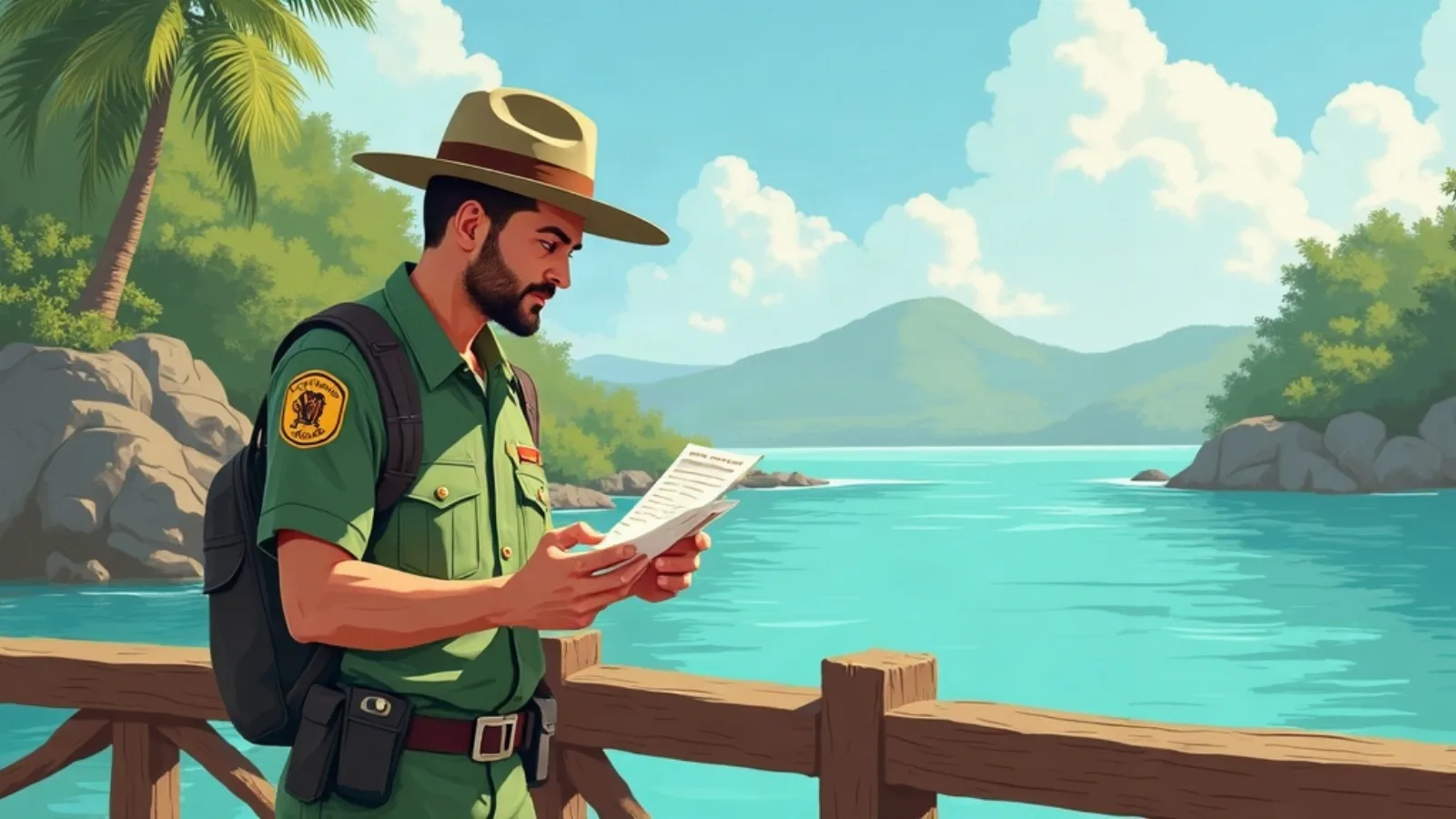 Illustration of a ranger checking a visitor's permit at the jetty before the hike (illustration, not a photo of a specific location)