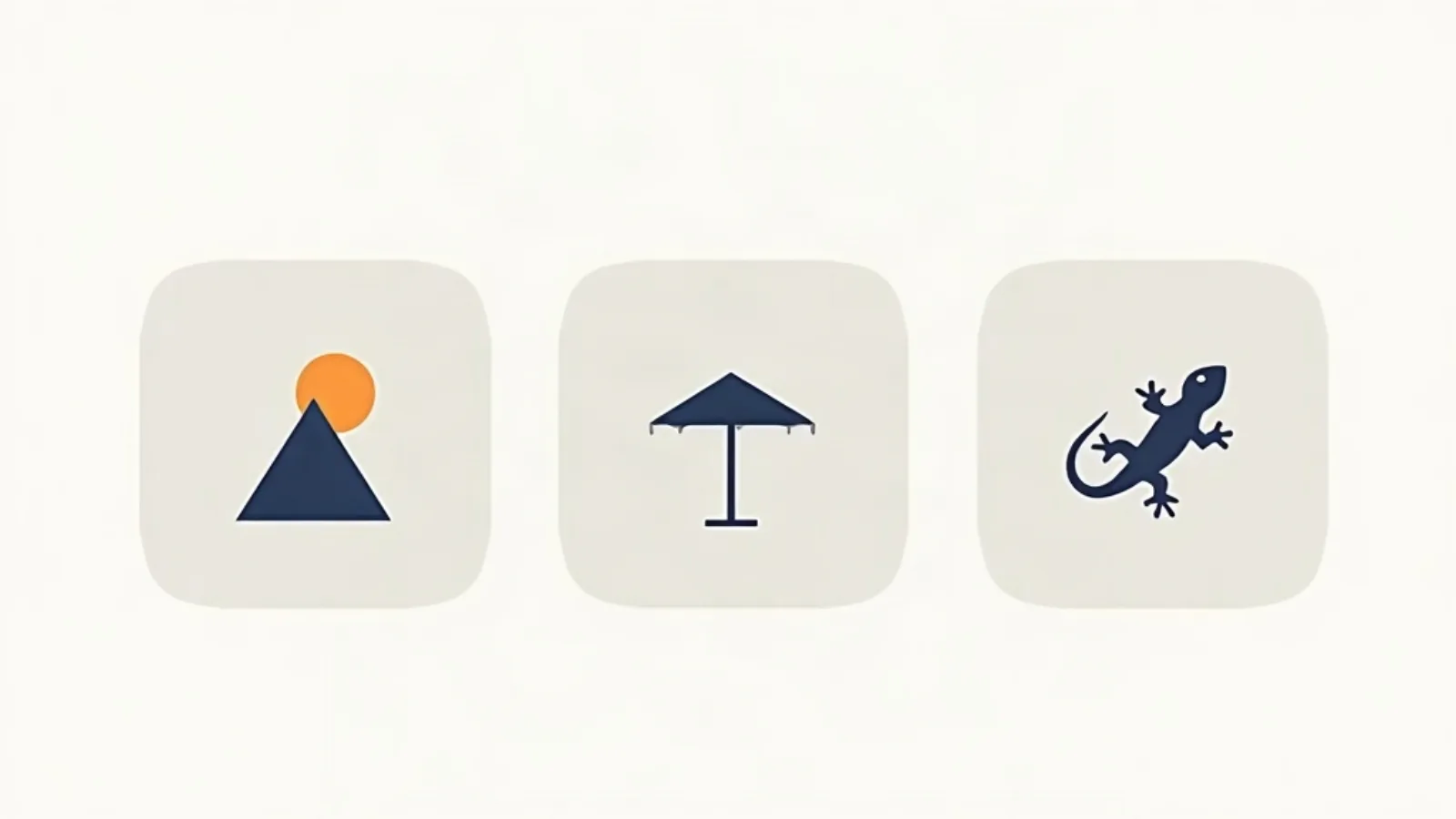 Illustration of three icon cards side by side themed mountain, beach and Komodo dragon, representing a destination comparison