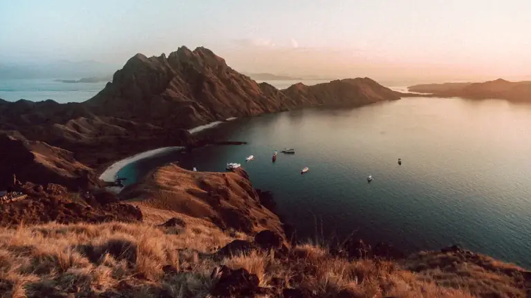 Golden morning light on the hills of the Komodo National Park area