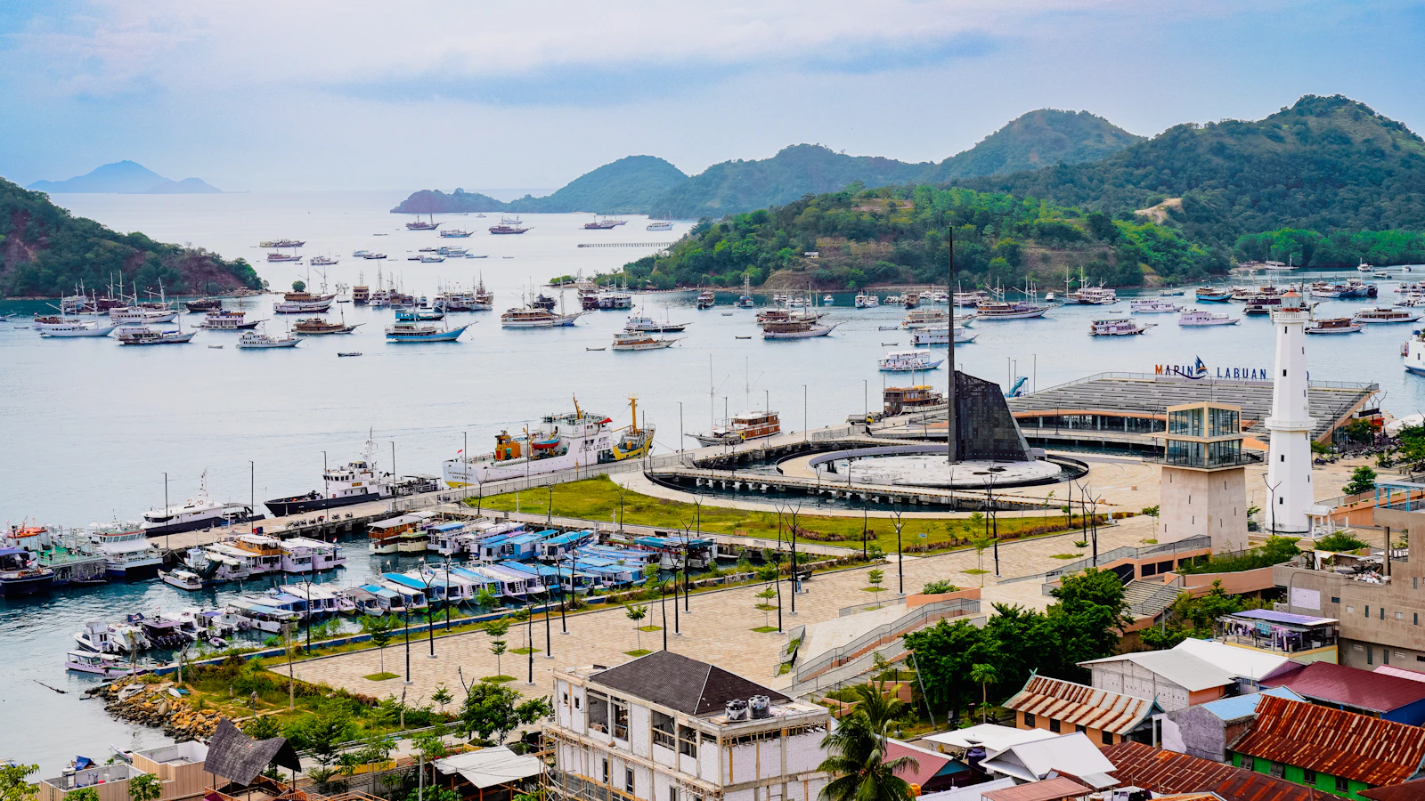 Labuan Bajo harbour seen from a hillside above the town, the departure point for boats to Padar