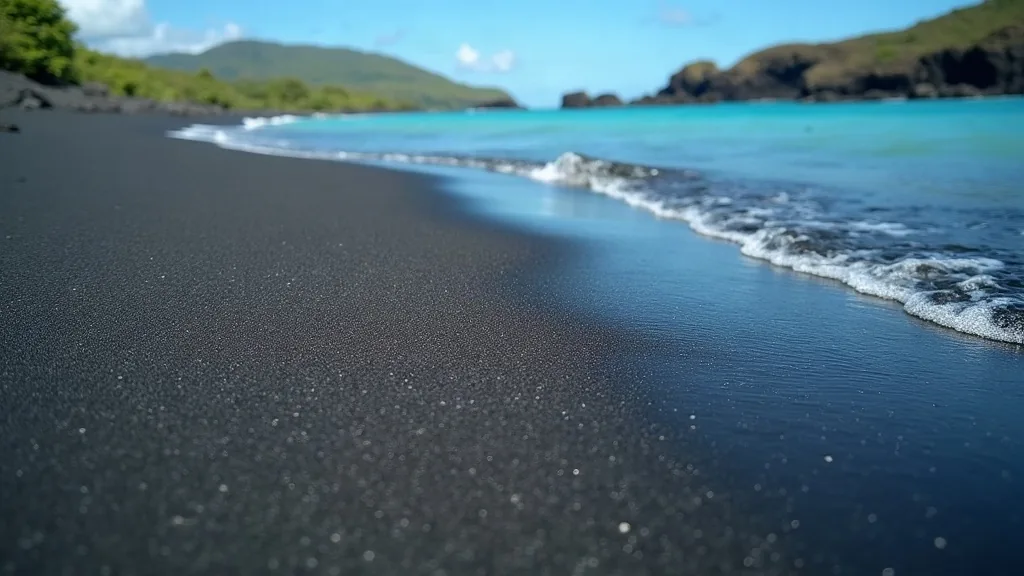 Dark volcanic sand beach with clear water (AI-generated illustration, not a photograph of Padar Island)