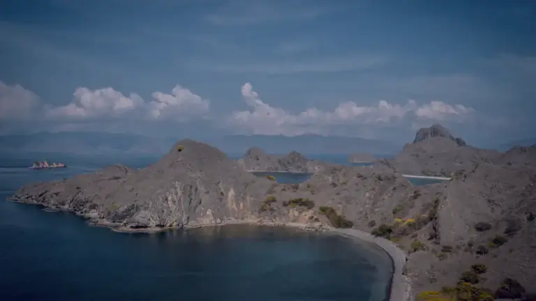 Padar Island's hills surrounding the calm water of a bay