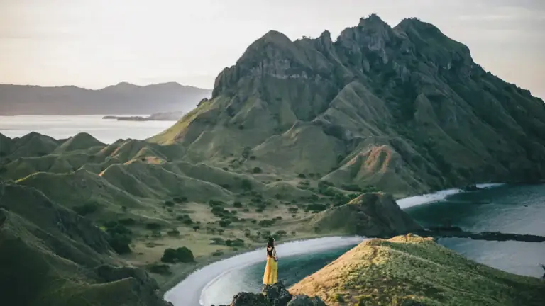 A visitor standing on a rocky outcrop on Padar Island's ridge, looking out over a curved bay and the island's peaks