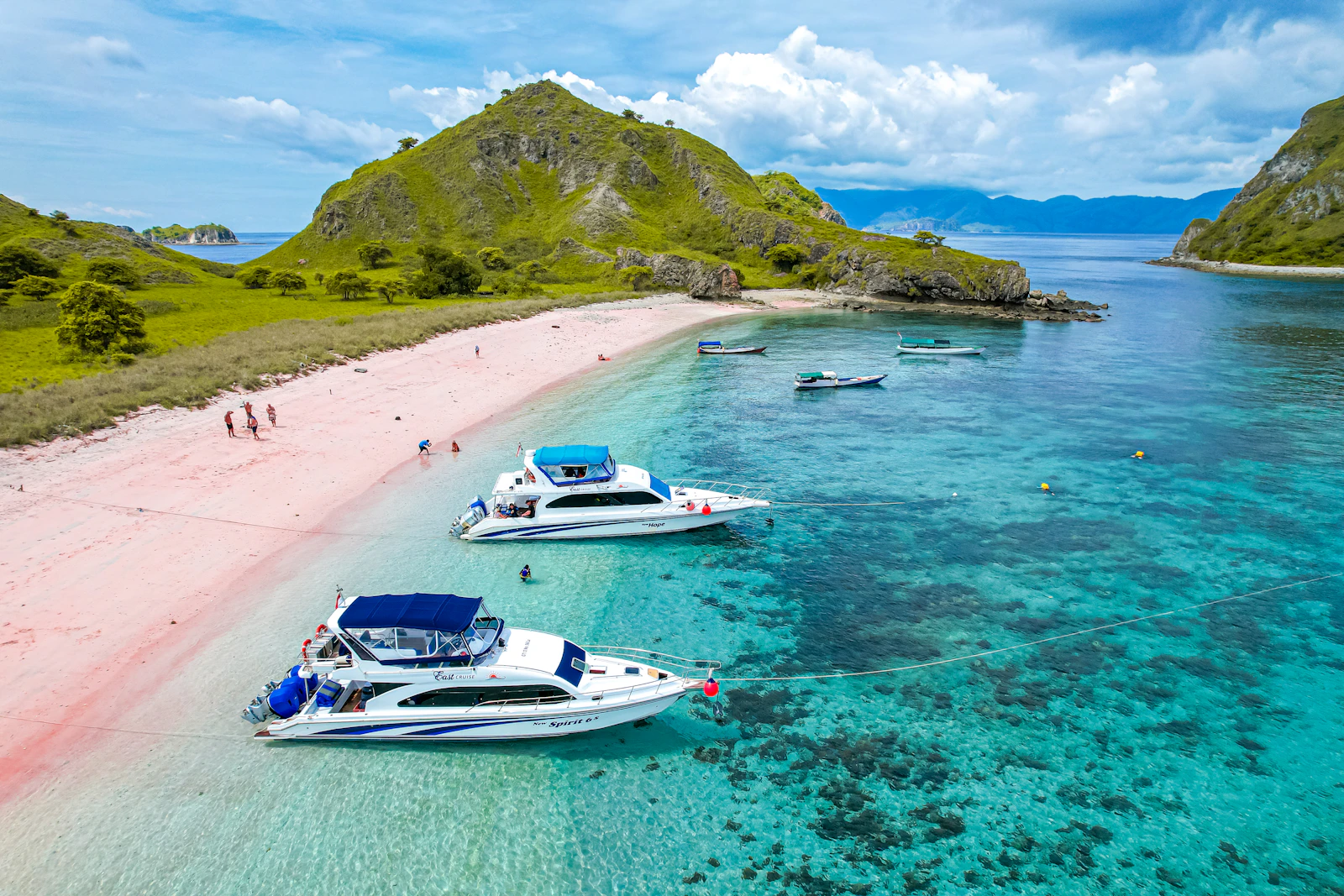 A rose-tinted sand beach with clear water in Komodo National Park